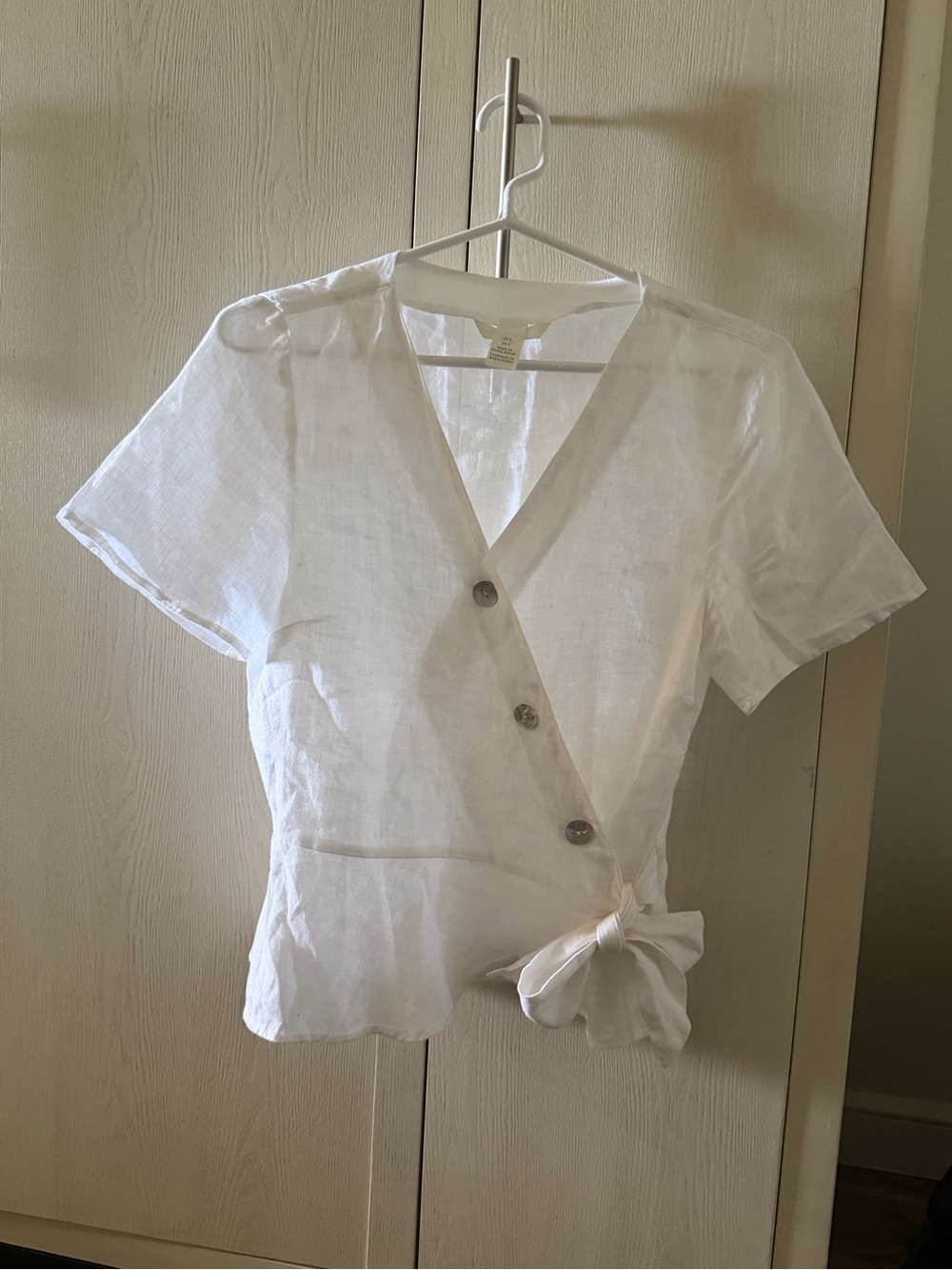 H&M - 100% Linen Wrap Short-Sleeve Blouse with Side Bow, sz S